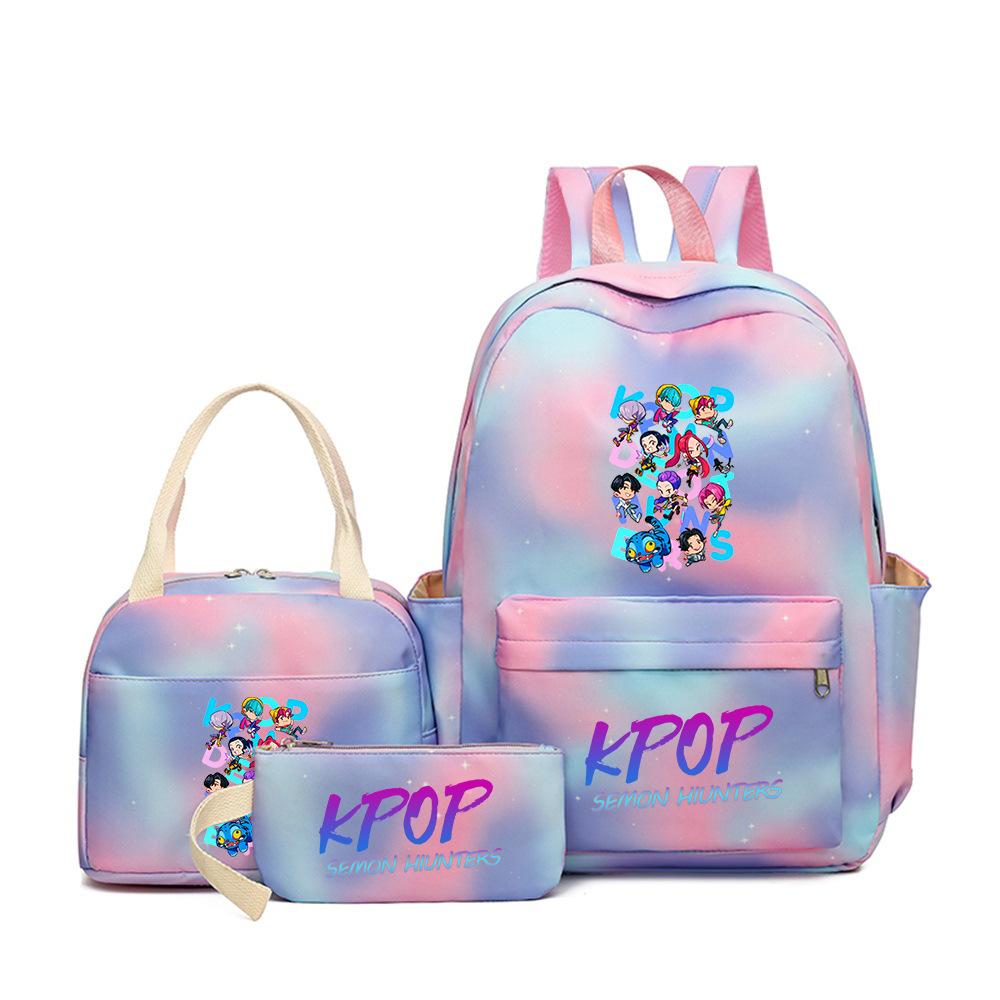 Demon Hunters Three-Piece Children'S School Bag Large Capacity 3D Digital Color Printing Kindergarten School Bag Meal Bag Pencil Bag