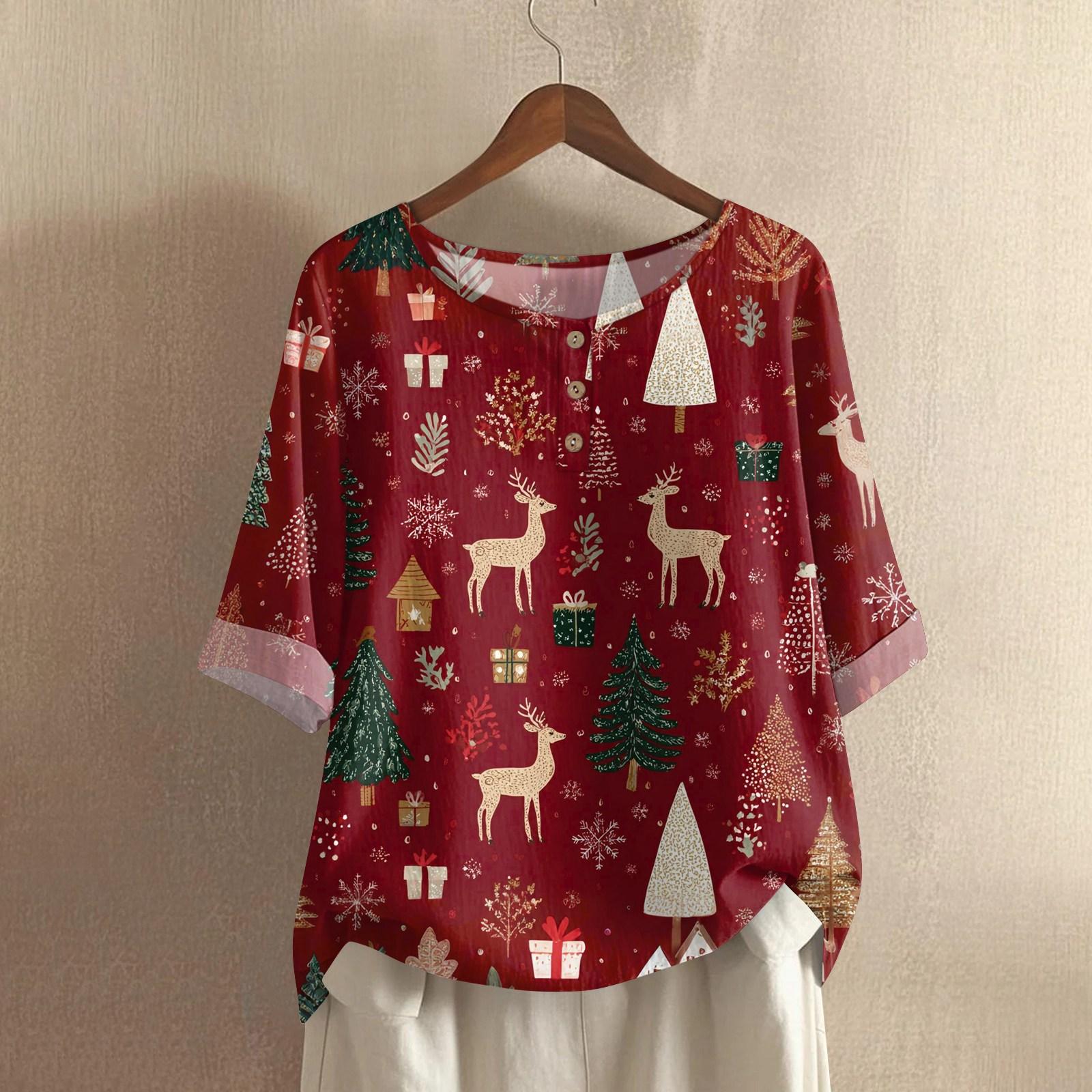 

Женская модная и повседневная рубашка с полурукавом и круглым вырезом, с рождественским принтом, блузка из хлопка и льна S винный