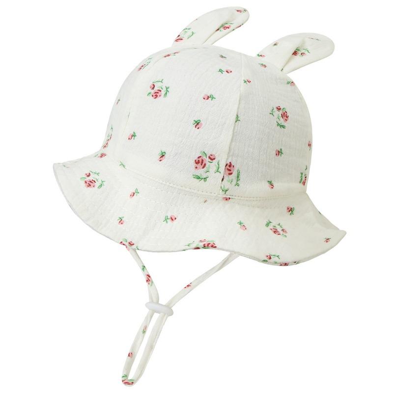 New Baby Gauze Basin Hat Baby Pleated Printed Bucket Hat Rabbit Ear Sun Hat 3-12M