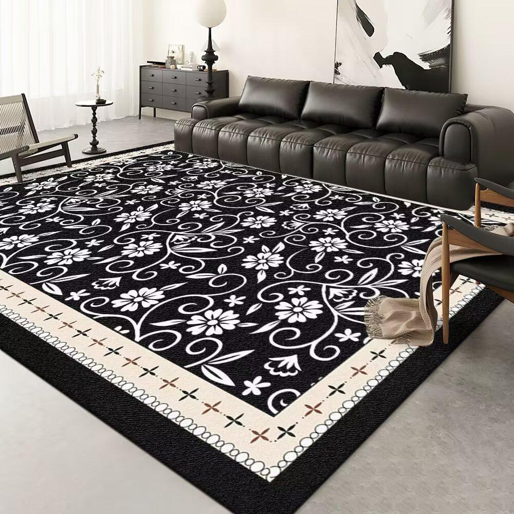 Modern Floral Carpet Mat Rug Black White Vine Pattern with Geometric Border Soft Floor Mat for Living Room Home Decoration