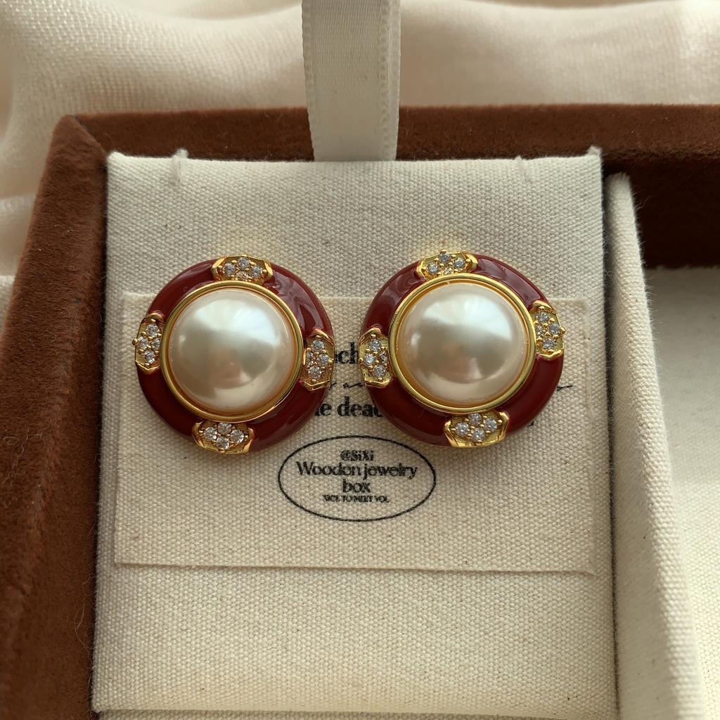 Vintage Enamel Classic Pearl Stud Earrings High Saturation Court Gorgeous Feeling Retro Noble Niche Fashion Earrings