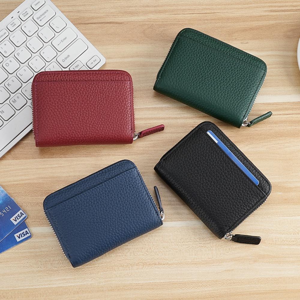 Japanese Style Cowhide RFID Card Wallet, Accordion Multi-Slot Anti-Skimming Zipper Genuine Leather Card Holder for Daily Use