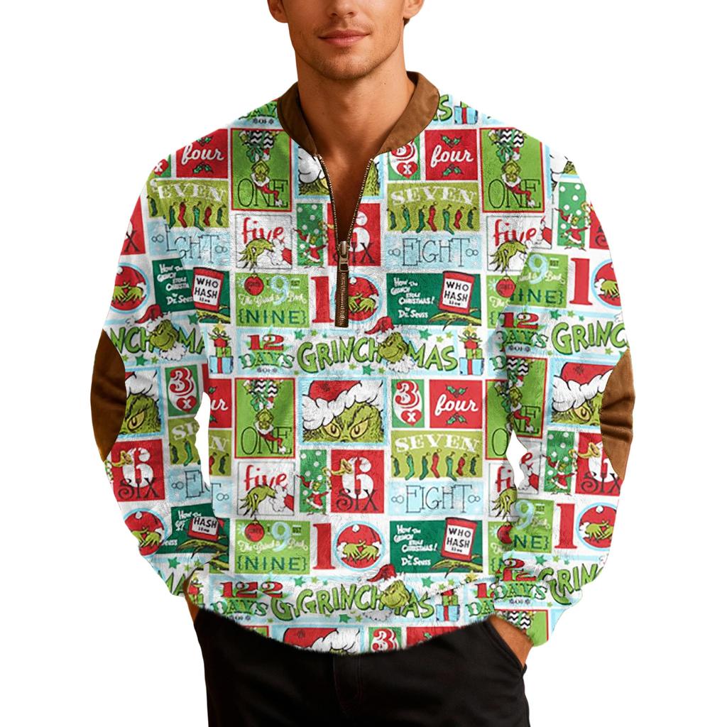 Men's Casual Cartoon-printed Semi-zipper Flannel Retro Long-sleeved Sweatshirt