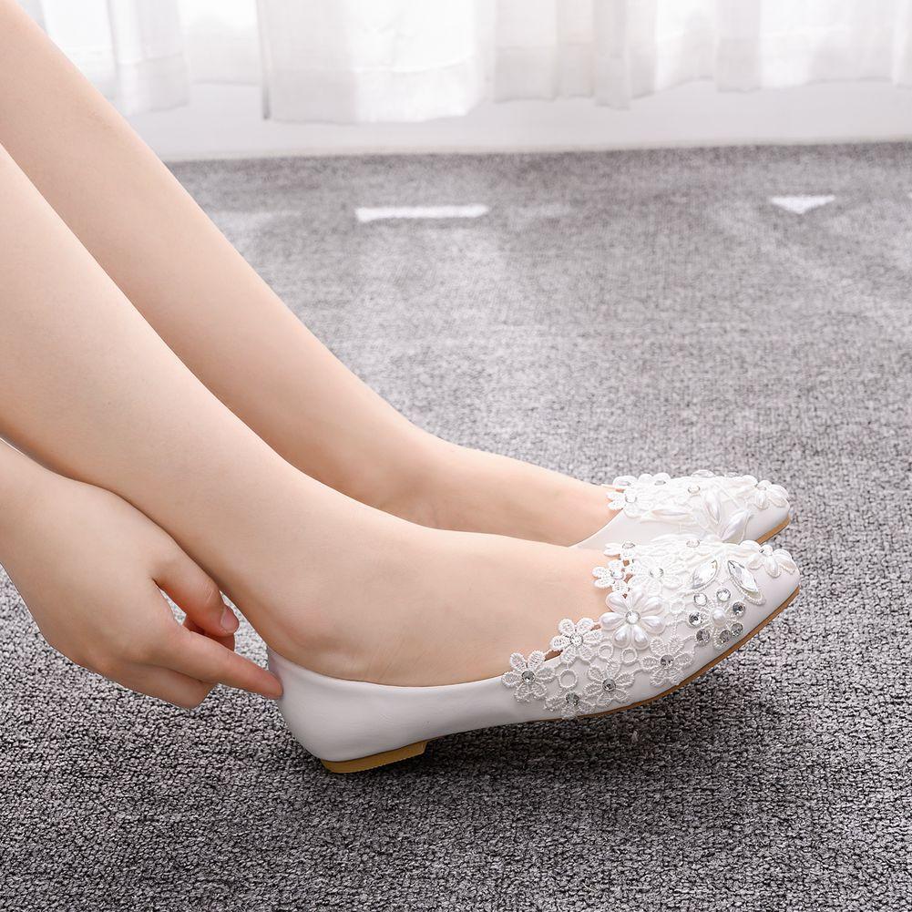 Velká velikost Ploché Špičaté Krajkové Svatební Boty Svatební Boty Taneční Boty pro Družičky Pohodlné Boty na Nízkém Podpatku Ženy