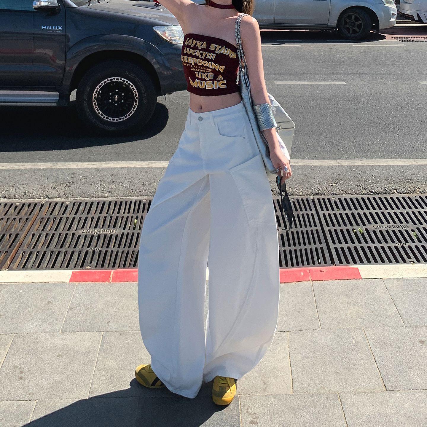 Spring Summer Thin Breathable Tencel Lyocell White Saber Cut Wide Leg Denim Pants For Ladies Casual Pants Oversize Denim Trousers XS