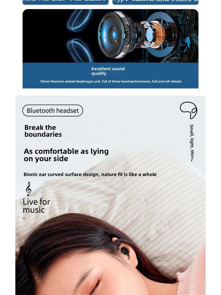 MD528 Bluetooth Headset: TWS Dual-Ear Comfortable On-Ear Style for Sleeping, Long Battery Life.