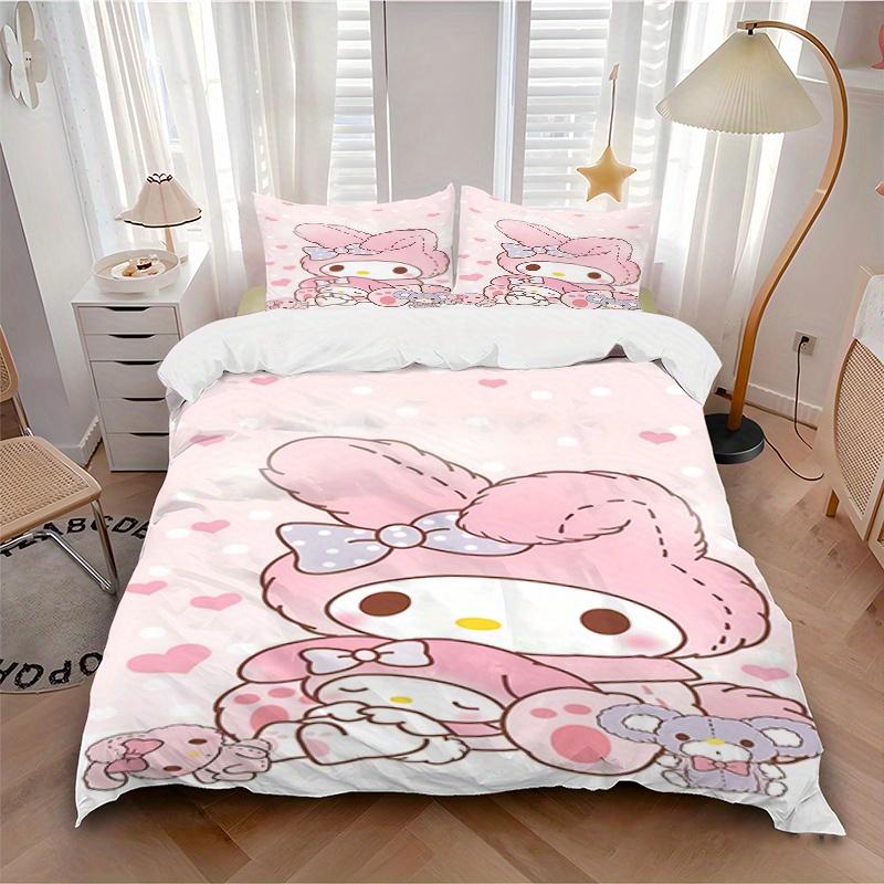 3pcs My Melody, Kawaii Breathable Polyester Bedding Set Soft Duvet Cover and 2 Pillowcases,Suitable for All Seasons, 082651b