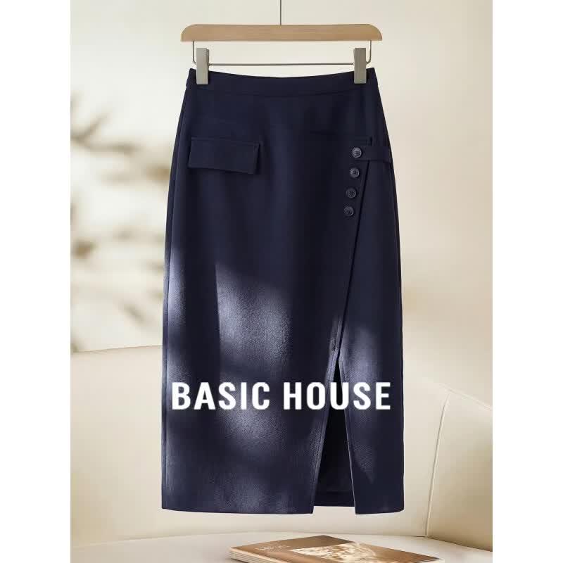Basic House Women s High-Waist A-Line Slit Midi Skirt L