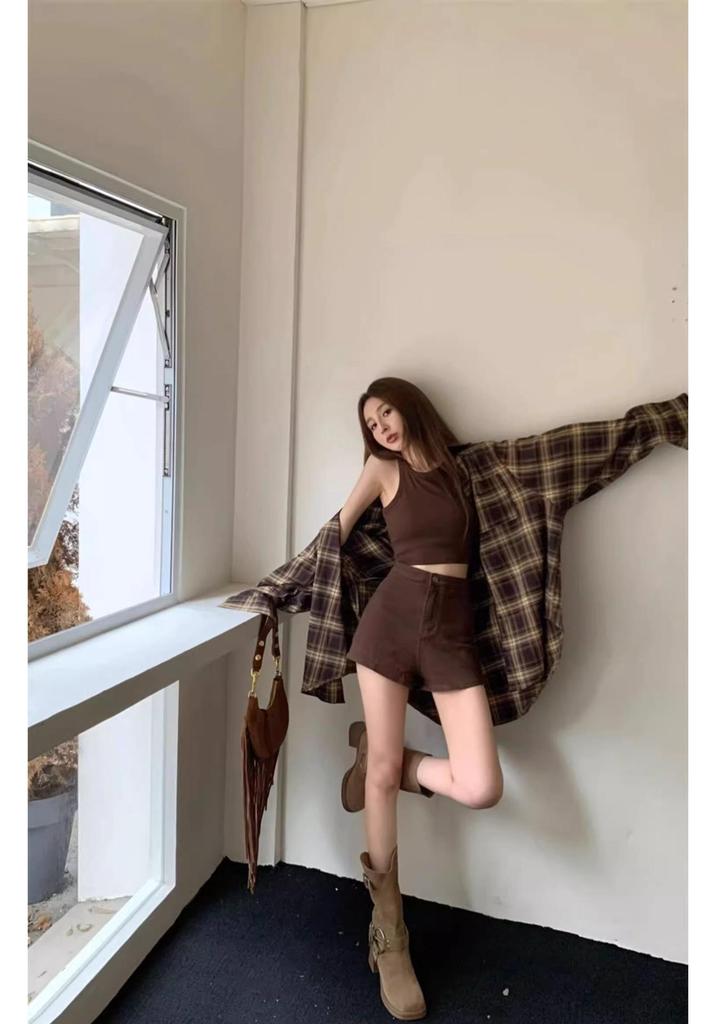 Women's Retro Plaid Long Sleeve Shirt - Spring Style, Loose Fit, Sun Protection, Mid-Length Top