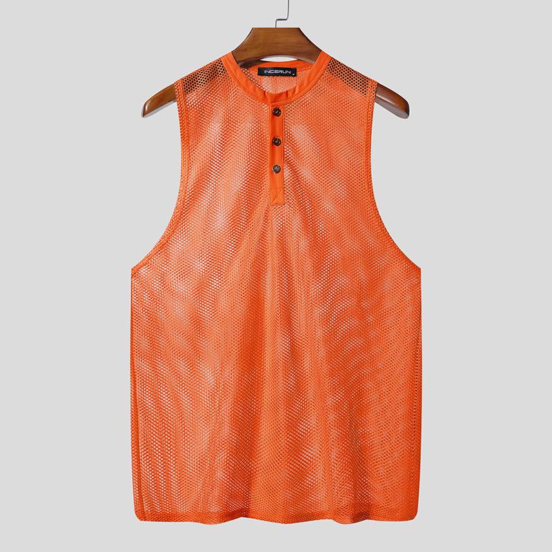 

INCERUN Men Sleeveless See Through Hollow Out Loose Tank Tops 5XL оранжевый