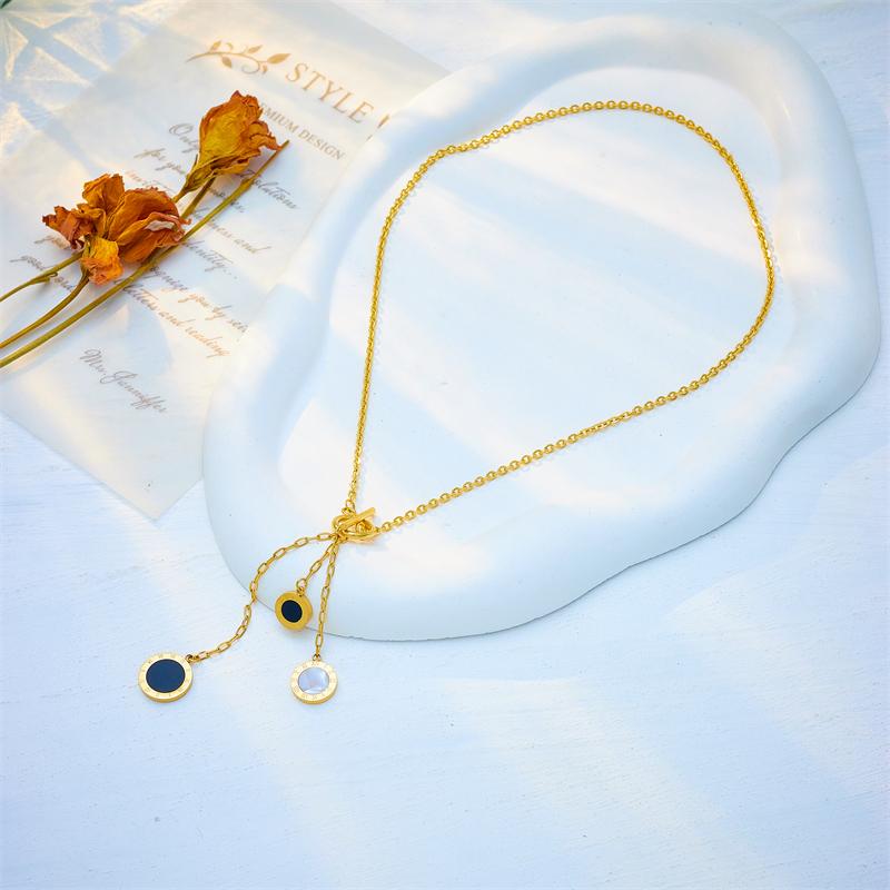 DIEYURO 316L Stainless Steel Round Roman Numeral Long Pendant Necklace For Women Girl New Trend OT Buckle Chain Jewelry Gifts