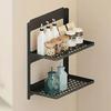 2-Tier Black Iron Metal Shower Shelf Wall-Mounted Floating Rack Foldable Stackable Anti-Drop Baffle for Bathroom Laundry RV Util