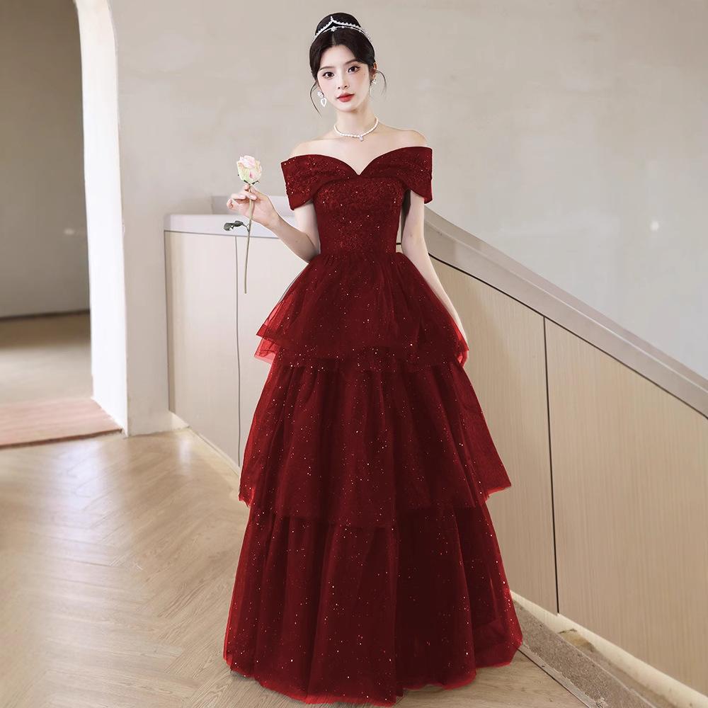 Toast Braut 1011 Neues Sommer Damen High-End Rotes Verlobungs Abendkleid Kleid Leichter Luxus Nische Atmosphärisch Hochzeitsbankett