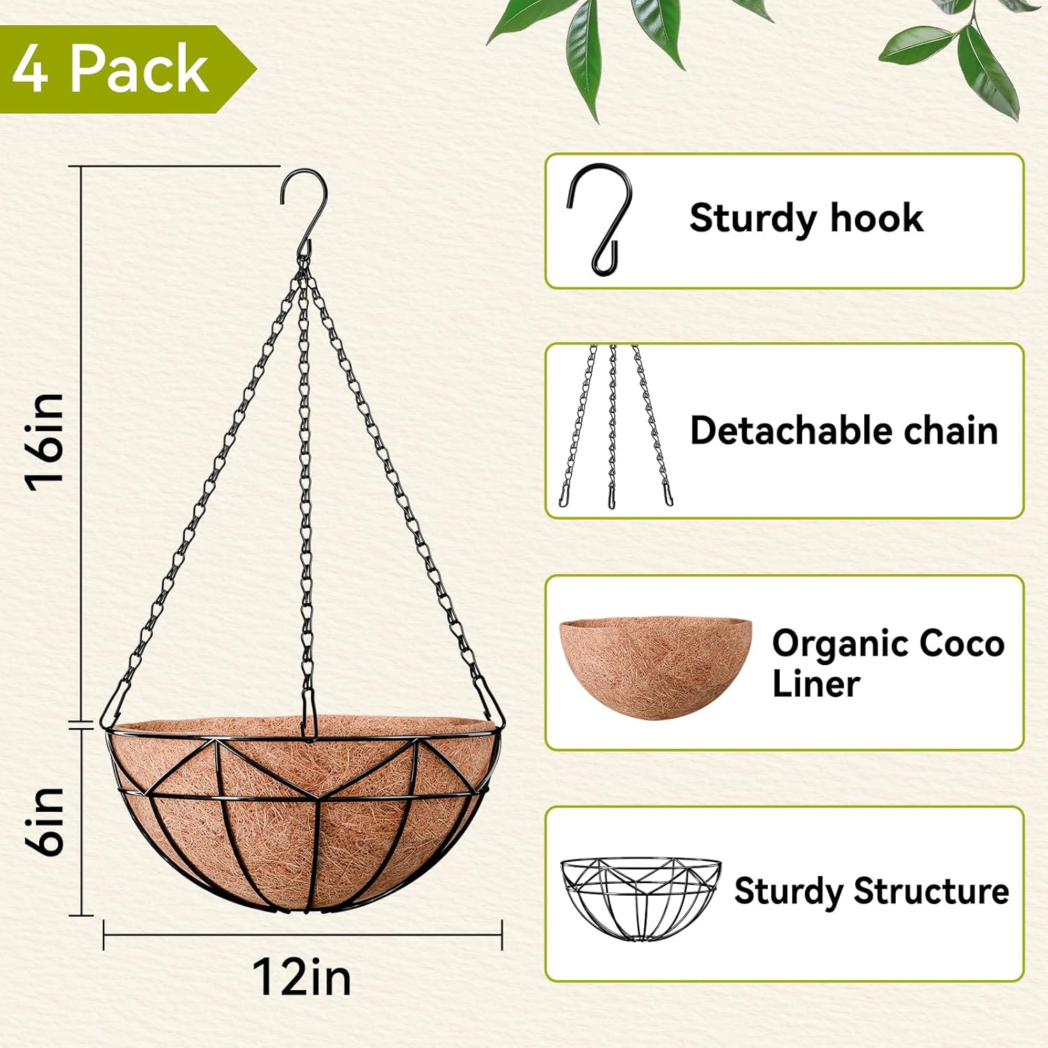 

12 Inch Hanging Baskets for Plants Outdoor- Small Hanging Garden Planters with Coco Liner for Outside, Empty Met United States