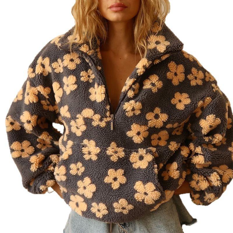 Women's Gray Floral Print Fleece Jacket with Half-Zip Closure