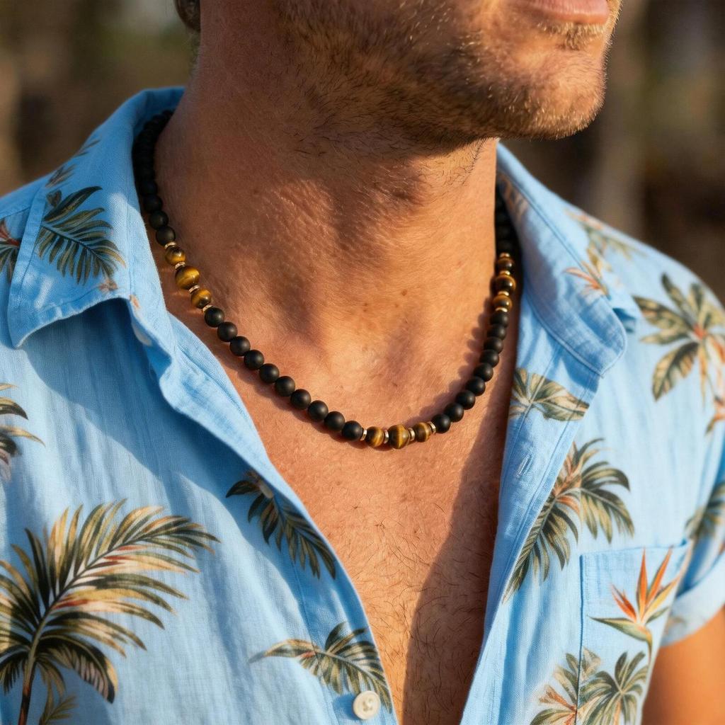 Casual Turquoise Beaded Necklaces for Men Boys,Summer Beach Tiger Eye Stone Collar,Waterproof Swimming Jewelry Gift