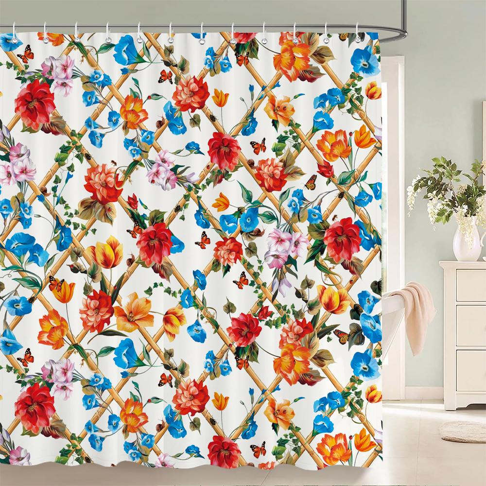 Dunika Chen 1Pcs Watercolor Flower And Bird Leaves Printed Fabric Waterproof Shower Curtain, Home Decoration Bathroom Curtain, With Hooks