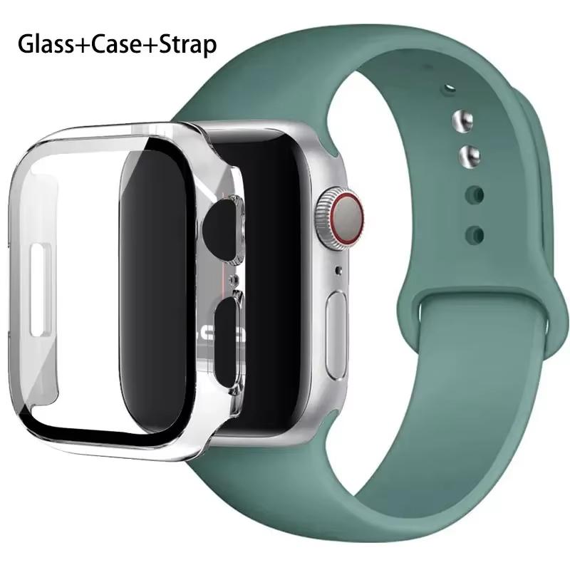Glass+Case+Strap For Apple Watch band 46mm 45mm 44mm 41mm 40 38mm Silicone watchband bracelet iWatch series 10 9 8 7 6 5 4 3 SE
