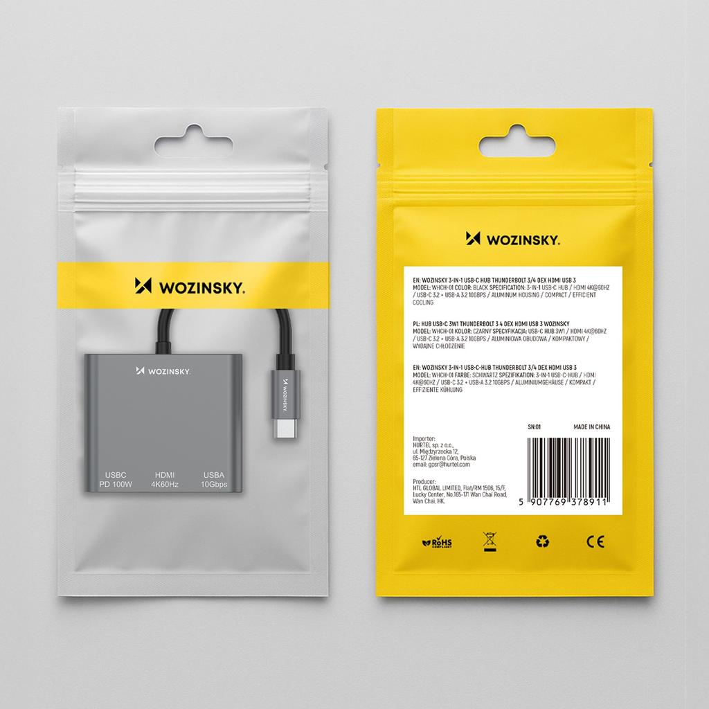 Hub Rozdzielacz USB-C Na USB-C USB-A HDMI PD 10 Gb/s 4K - Szary