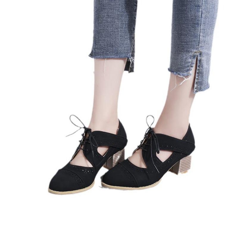 Spring and summer new thick heel high heel fashion single shoes women's large size lace-up hollow engraved women's shoes