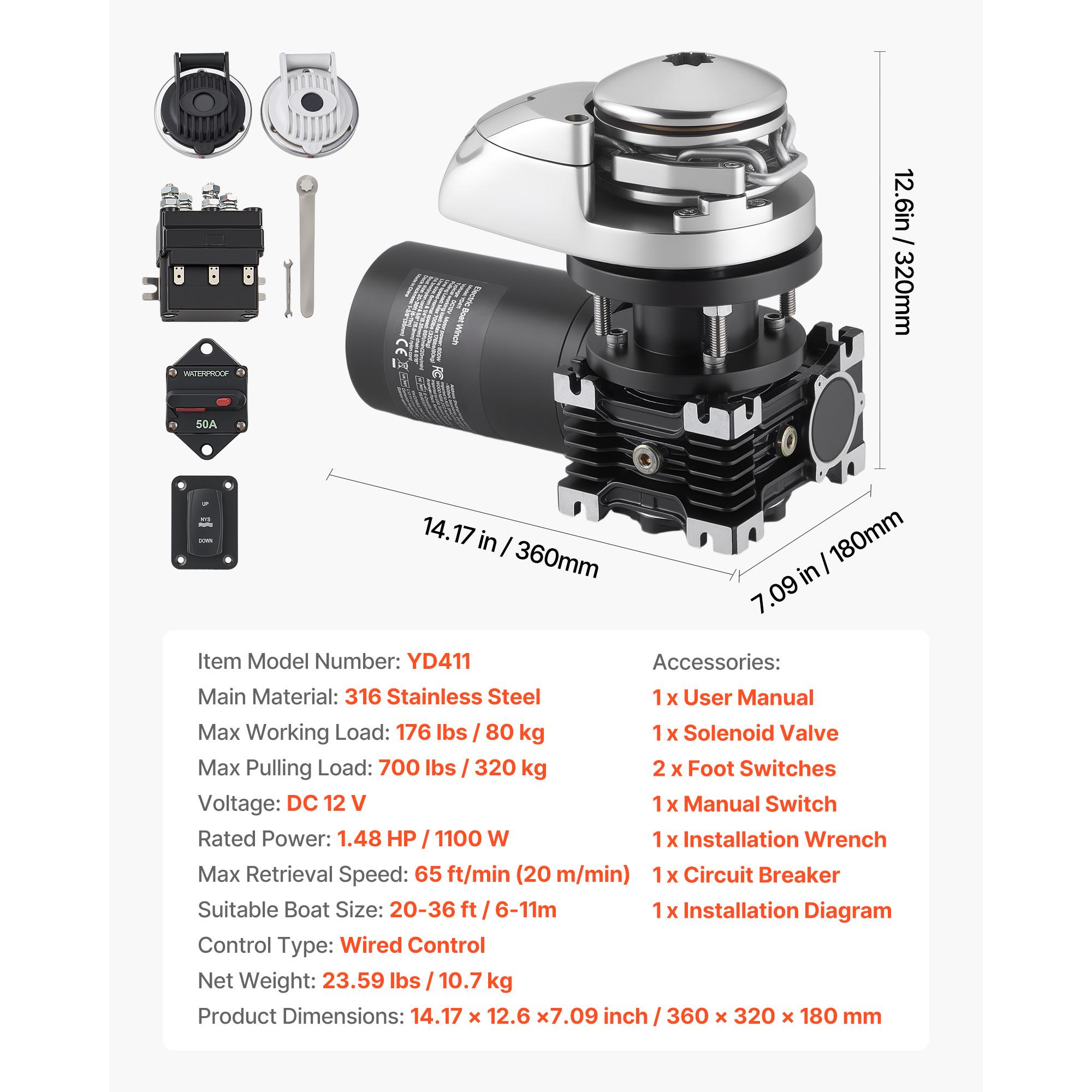 

SucceBuy 1100W Vertical Fishing Windlass Fit for 1/4-Inch Chain or 9/16 & 5/8 Inch Nylon Rope Max Pull 700 lbs for Boats 20-36ft