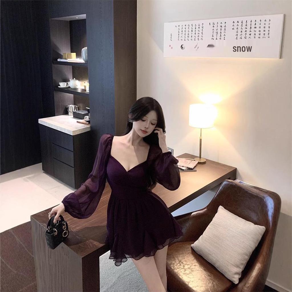 Purple V-Neck Mesh Slimming Dress for Women - Fall 2025 Collection