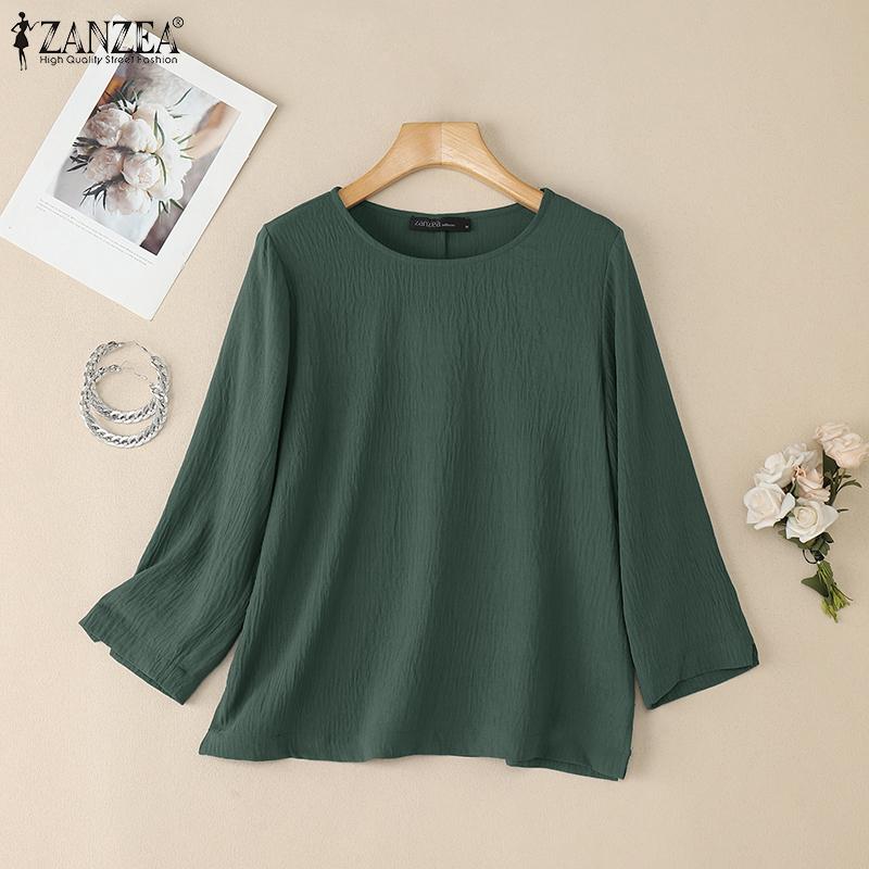 ZANZEA Women Casual Round Neck Solid Color Loose 3/4 Sleeve Blouse