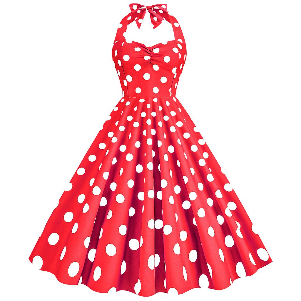 Women's Retro - Dress With Pleated Polka Dots And Slimming Wide Skirt