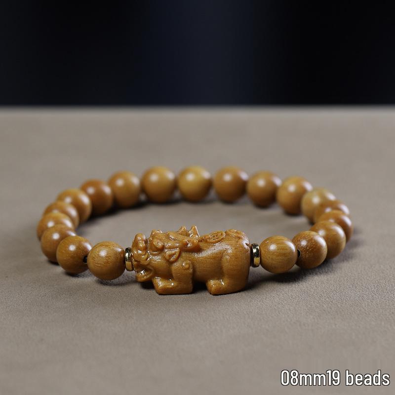 

Женский деревянный браслет из зеленого сандала с пиксю - аксессуар в национальном стиле с буддийскими бусинами.