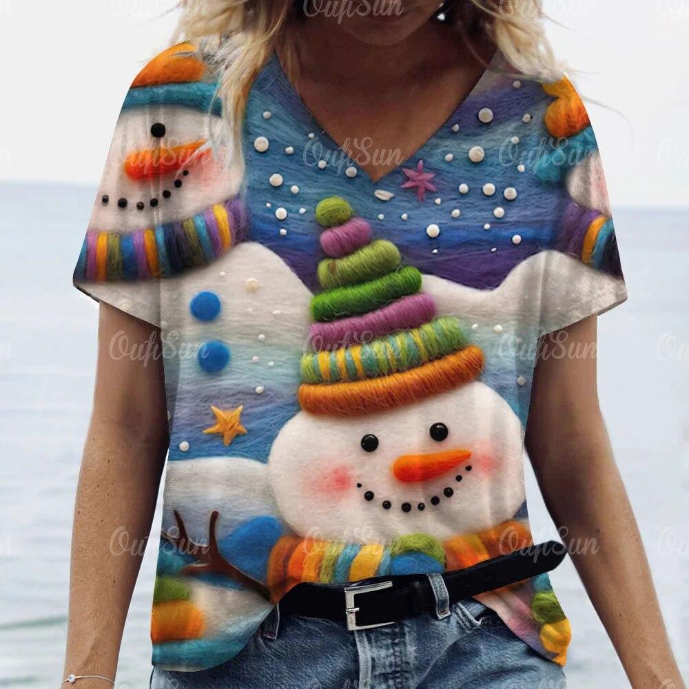 Tricou nou de Crăciun pentru femei 3D Moș Crăciun imprimeu tricouri cu mânecă scurtă cu decolteu în V, îmbrăcăminte de stradă supradimensionată, pulover Harajuku pentru femei