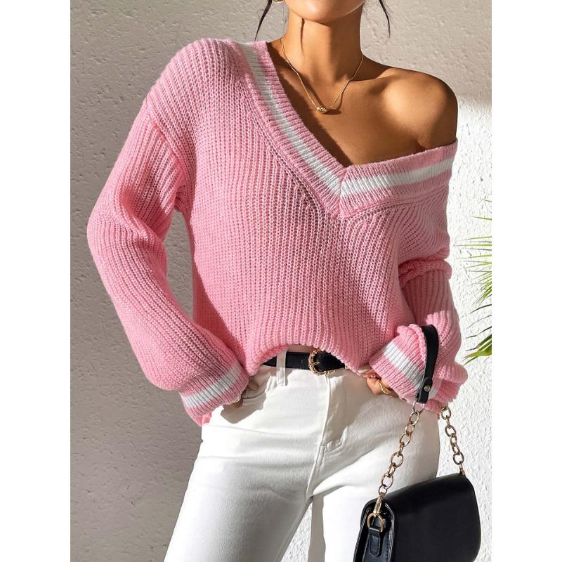 Damen S College-Stil Farbblock V-Ausschnitt Lockerer Freizeitpullover
