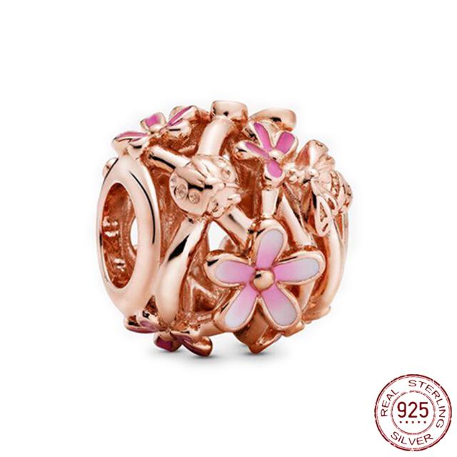925 Sterling Silver   Autumn New Charm Flower Pink Series Charm Beads Fit Original Bracelets Women Jewelry