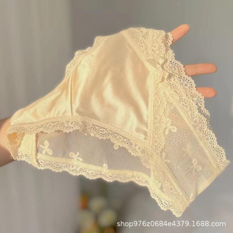 Pure Desire French Sexy Satin Lace Panties for Women Low-Waisted Breathable Pure Cotton Crotch Triangle Panties