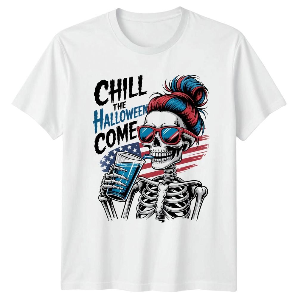 Chill The Halloween Come Unisexs TShirt Skeleton Messy Bun Halloween S