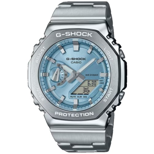 

Casio G-Shock Octagonal Light Blue Stainless Steel Watch GM2110D-2A, Silver, Modern
