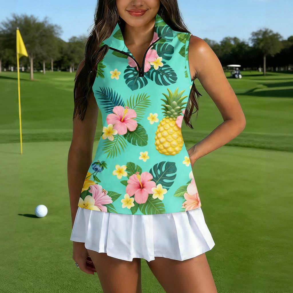 Sleeveless Golf Polo Shirt with Zipper Collar Hawaiian Floral Print Lightweight Sport Tank Top for Women Summer Activewear
