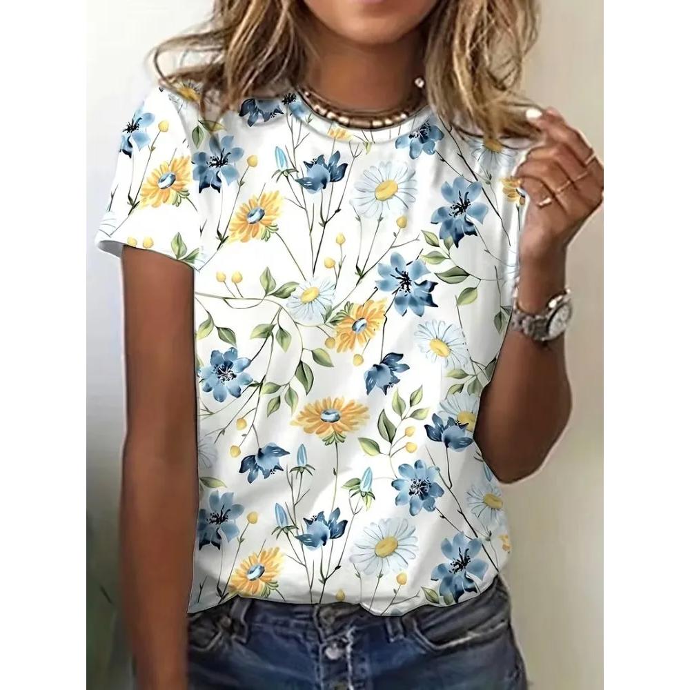 Simple Comfortable Women's Flower Printed Top T-shirt Fashionable Breathable Short Sleeve Casual T-Shirts Women’s