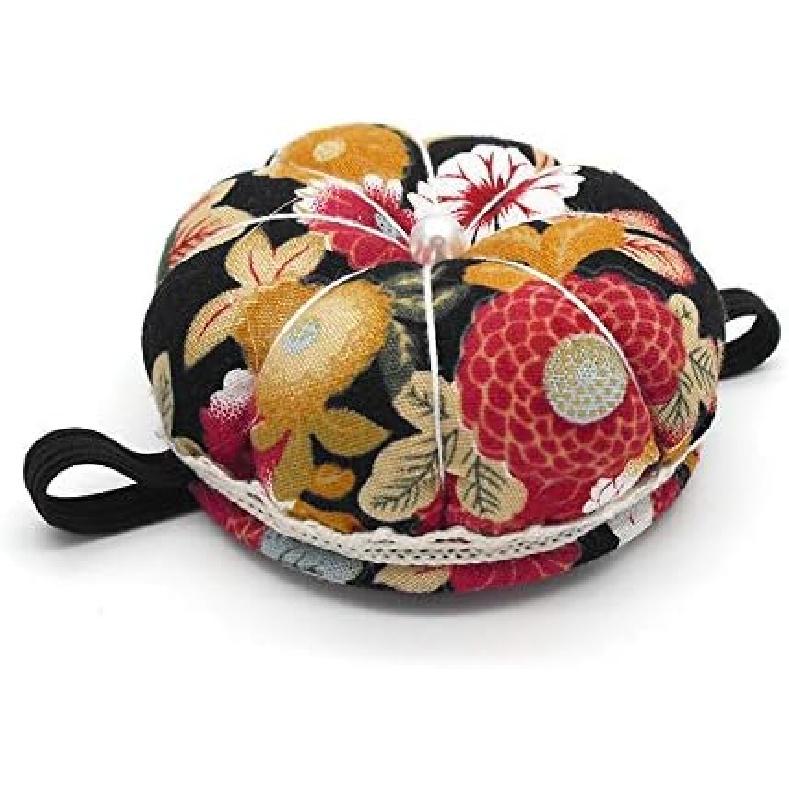 Jafirous 3Pcs DIY Sewing Pincushion Pumpkin Shape Cotton Fabric Button Wrist Strap for Cross Stitch Sewing Safety Pin Cushion Accessories Elastic