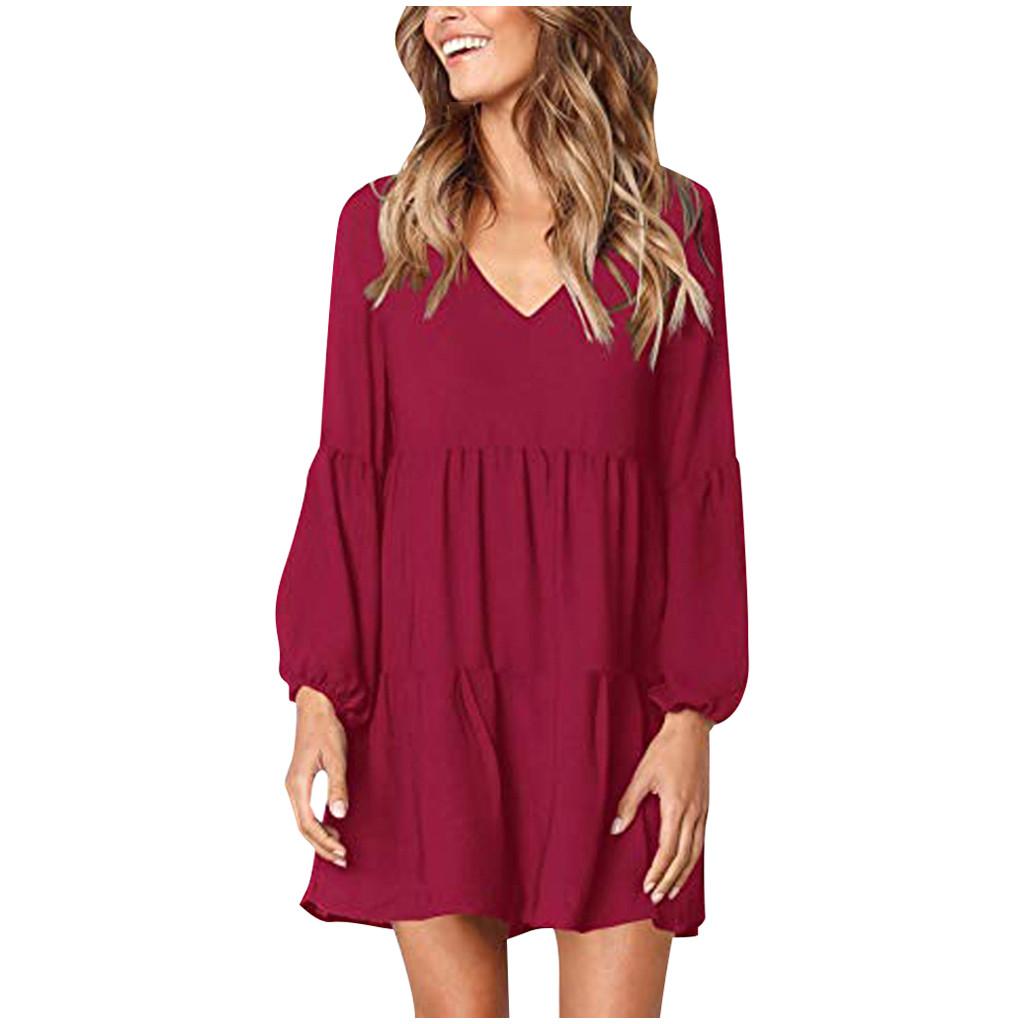 Fashion Women Solid  Long Sleeve V-Neck Draped Flowy Swing  Dress