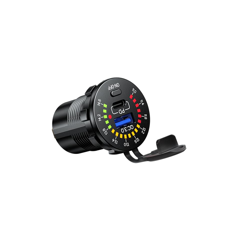 Car QC 3.0 + PD TYPE-C USB Charger Socket with LED Voltage Meter On Off Switch
