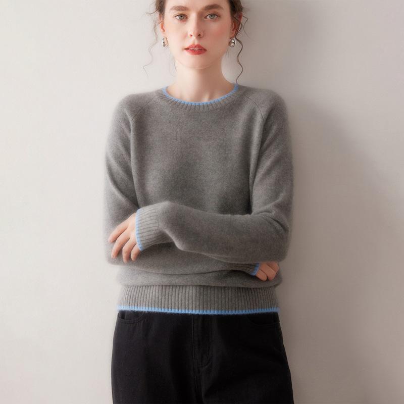 Women's 2025 Autumn/Winter Colorblock Crew Neck 100% Pure Cashmere Raglan Sleeve Thick Knit Sweater