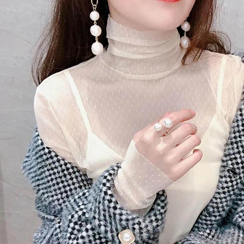 Sexy košile se spodním lemem ze síťoviny Dámské Podzimní a Zimní Tenké Přiléhavé Transparentní Gázový Top Gázový Top s vysokým výstřihem