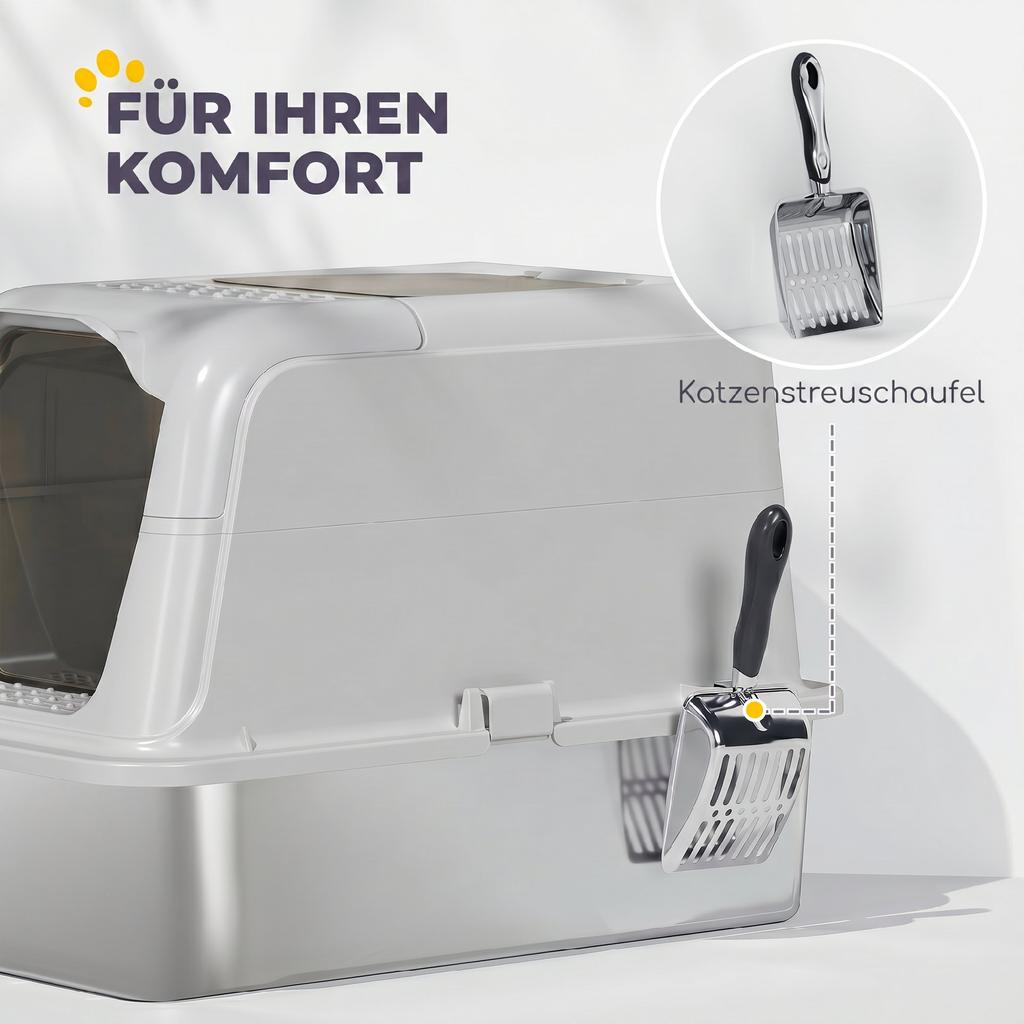 Extra Large Stainless Steel Litter Box, Enclosed Cat Litter Tray with Scoop, Deodorizer Bag, Front-Entry and Top-Exit