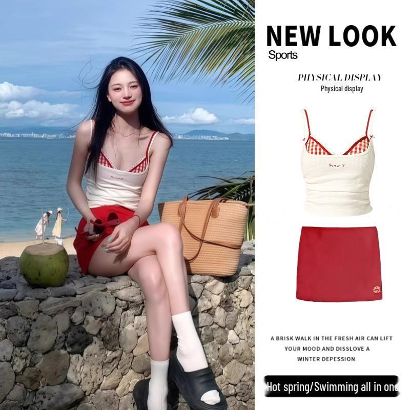 

2025 Women s Split Skirt Bikini Set: Four-Piece, Long Sleeve Cover-Up, Holiday Seaside Swimsuit L [50-55kg]
