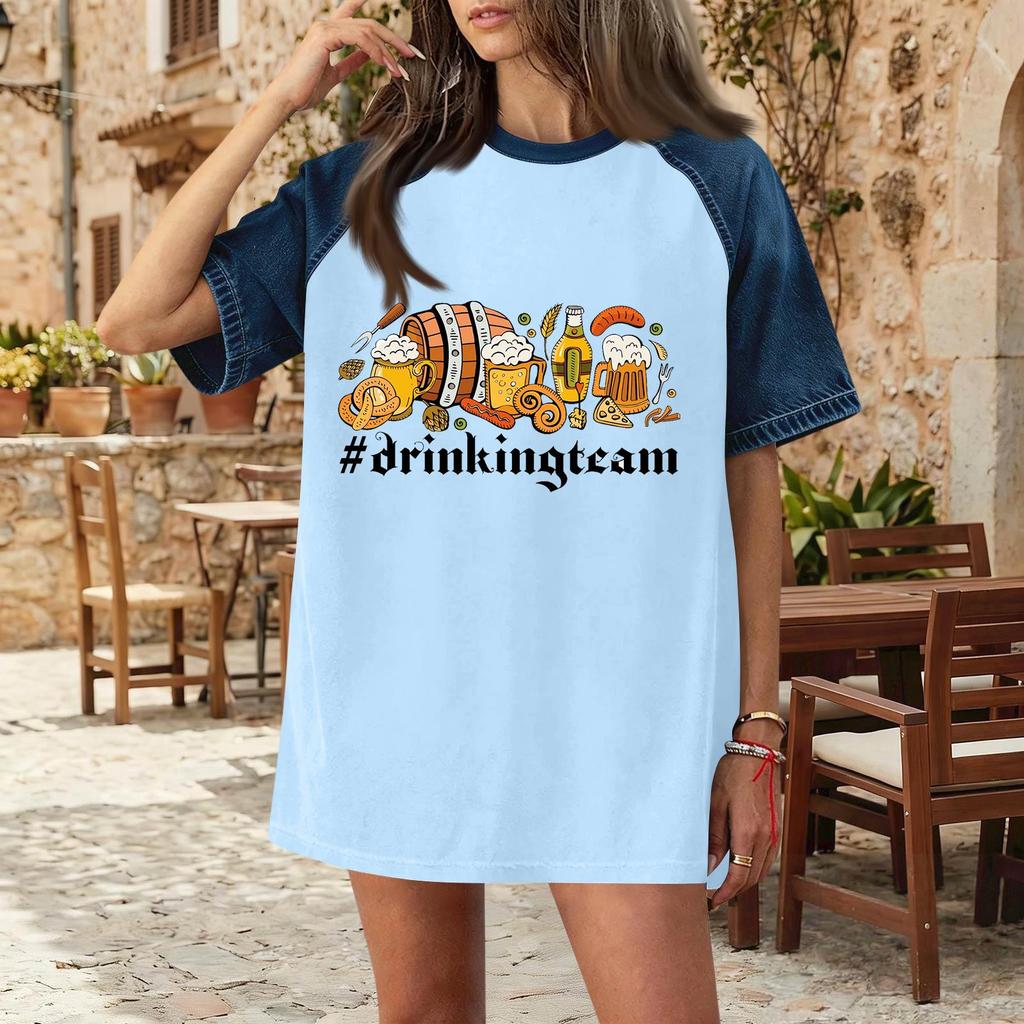 Casual Women Denim Patchwork Oktoberfest Graphic Print Short Sleeve T Shirt Comfortable Loose Fit Summer Top