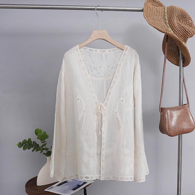 

Женский кардиган большого размера на весну/лето 2025 года, китайское вязание крючком, защита от солнца One Size бежевый