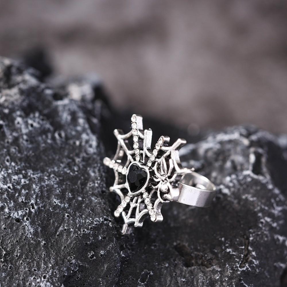 Shiny Rhinestone Spider Web Heart Ring Dark Fashion Halloween Opening Ring Gothic Bat Ring  Party