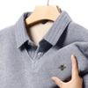 Men's Lapel Fake Two-Piece Long Sleeve T-Shirt Winter Bee Print Plush Thickening Sweater Business Menswear