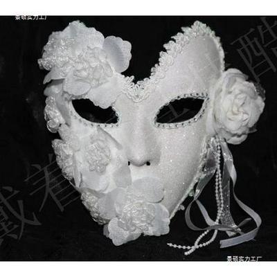 White & Gold Venetian Masquerade Mask with Feathers, Flowers & Lace for Men and Women – Full Face Glitter Princess Design