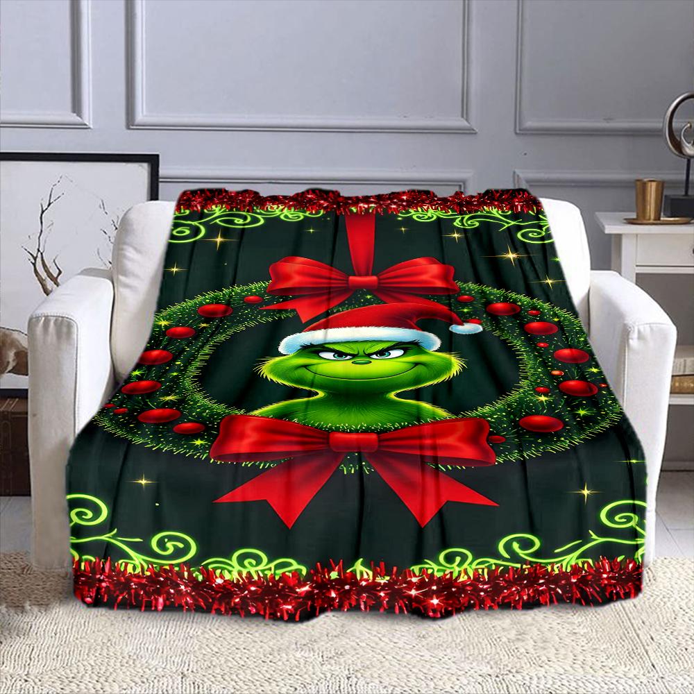"Grinch Christmas Wreath with Red Bow" Patterned Flannel Blanket Perfect for the Bedroom Living Room, Sofa, or a Little Nap